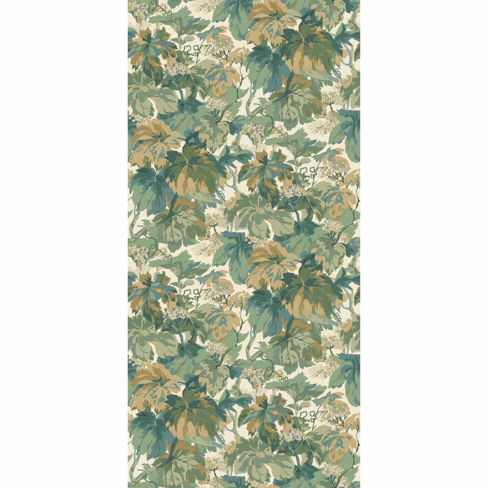 Dense emerald, sage and ochre leafy wallpaper pattern on a pale green ground