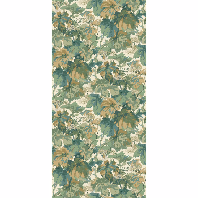 Dense emerald, sage and ochre leafy wallpaper pattern on a pale green ground