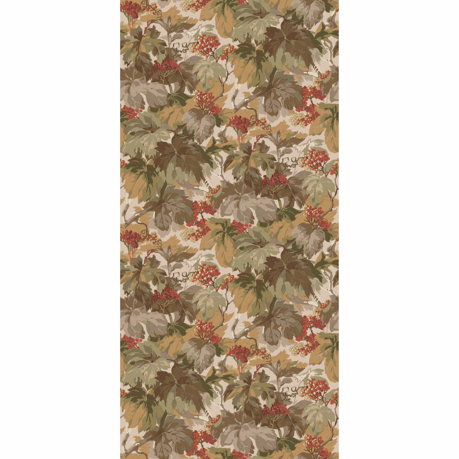 Muted red berry clusters among olive and brown leaves on a stone ground