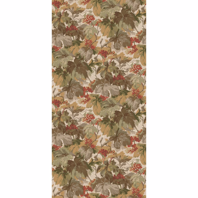 Muted red berry clusters among olive and brown leaves on a stone ground
