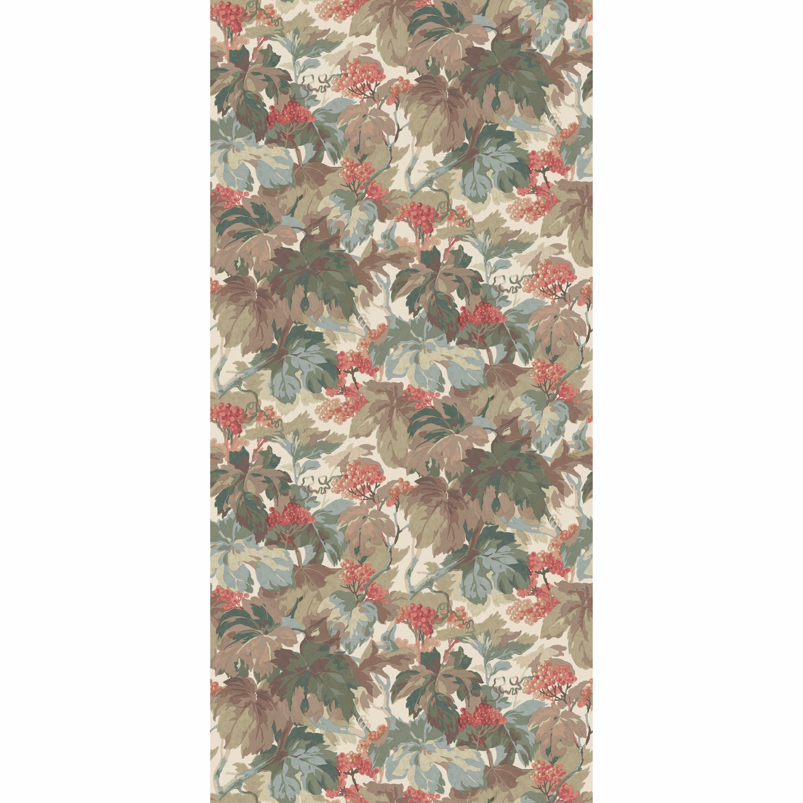 Muted teal leaves and dusty rose berry clusters on a warm ivory wallpaper panel