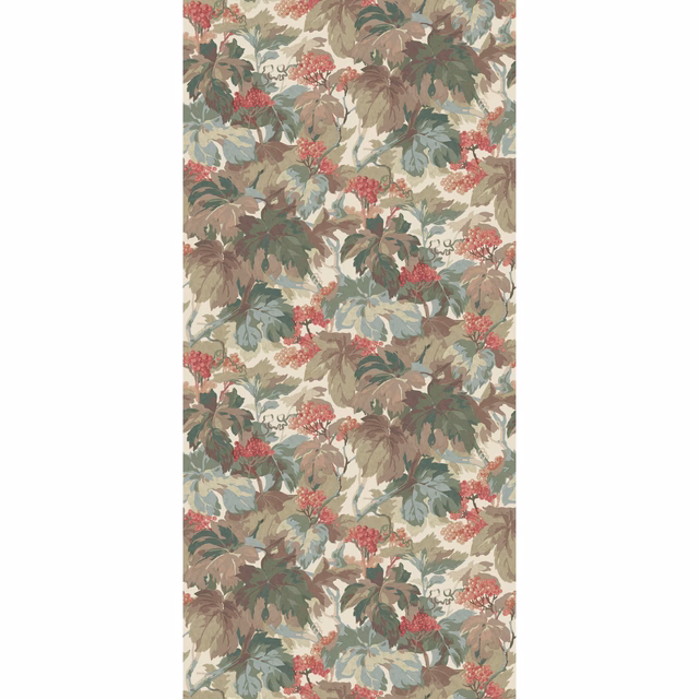 Muted teal leaves and dusty rose berry clusters on a warm ivory wallpaper panel