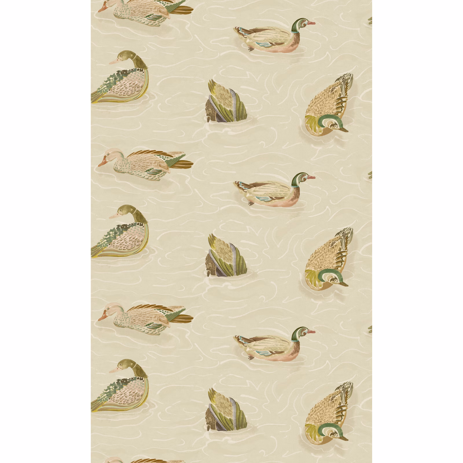Stone wallpaper with emerald-headed illustrated ducks and delicate looping linework