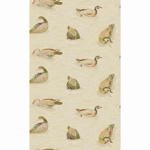 Stone wallpaper with emerald-headed illustrated ducks and delicate looping linework