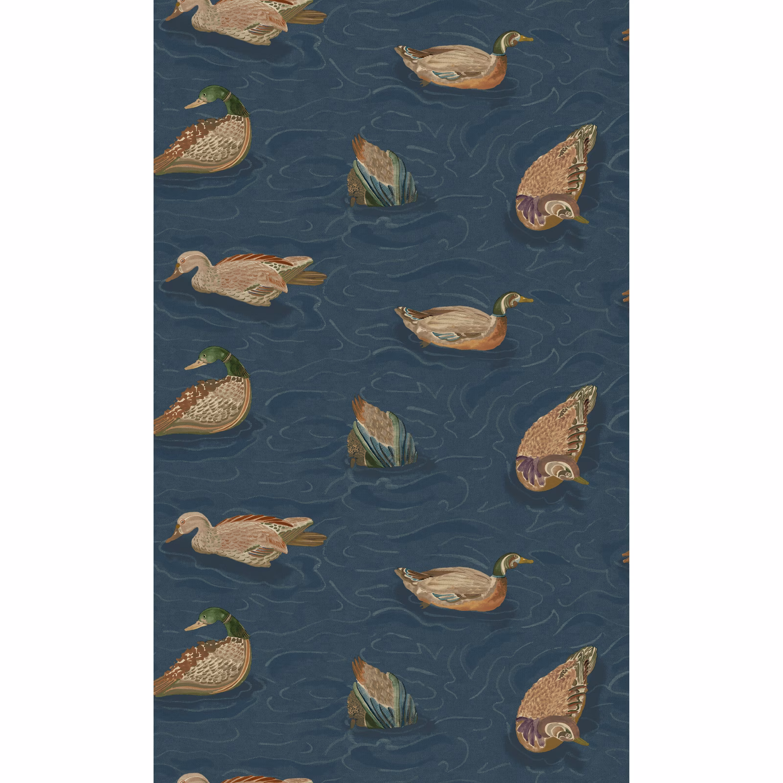 Deep indigo wallpaper with swimming ducks, water ripples and detailed illustrated feathers