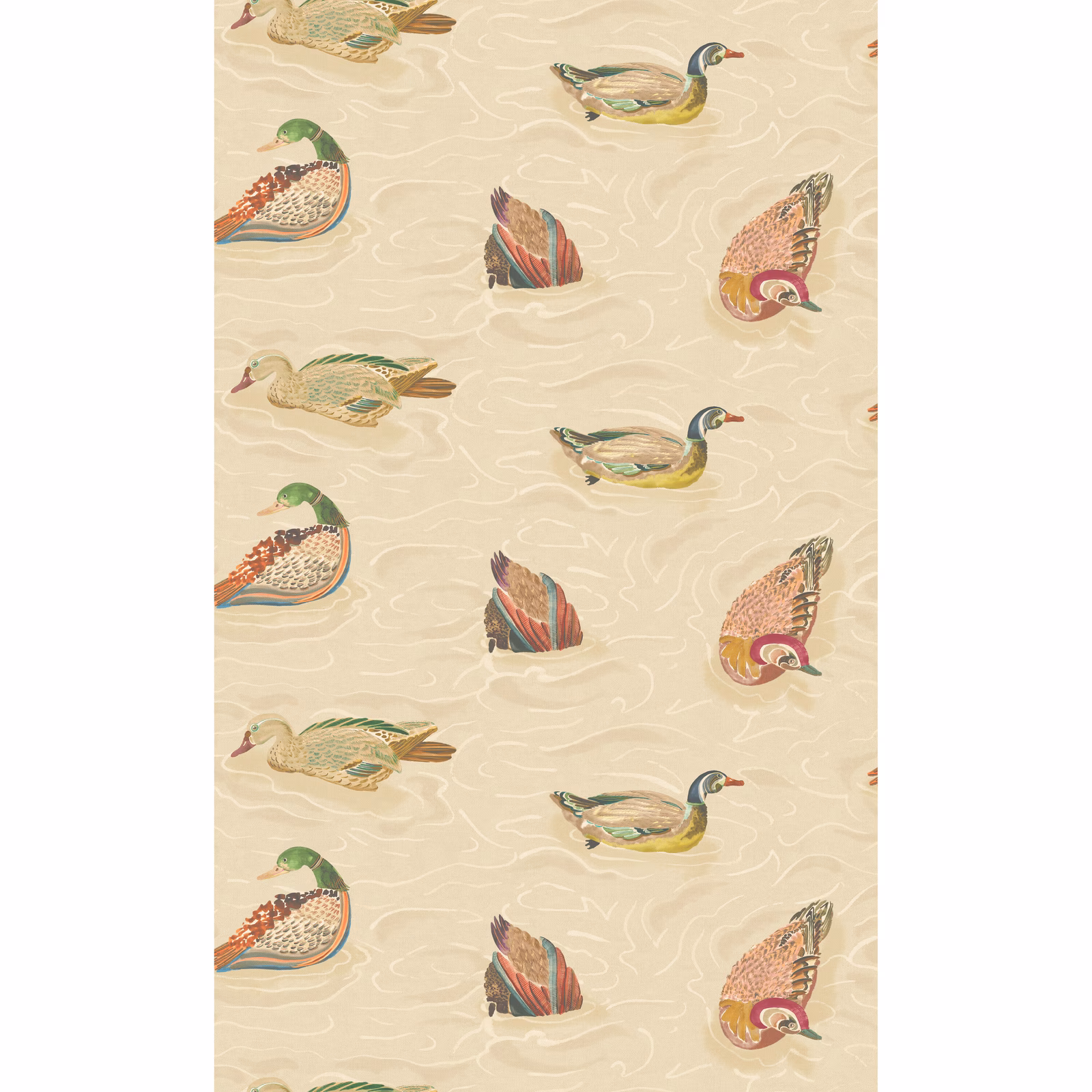 Warm ivory wallpaper with illustrated teal, green and rust waterfowl motifs