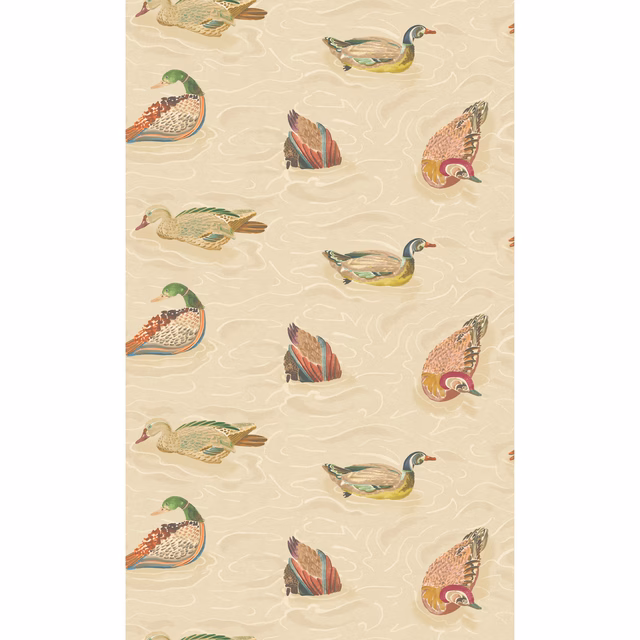 Warm ivory wallpaper with illustrated teal, green and rust waterfowl motifs