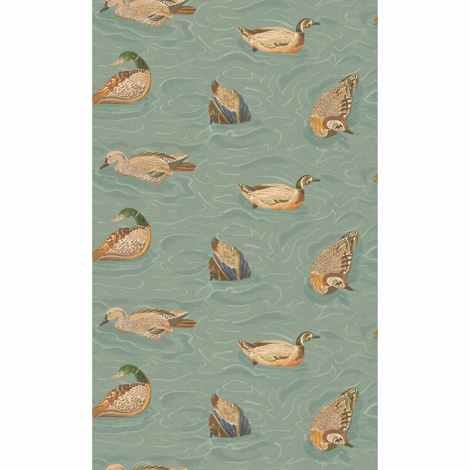 Muted teal wallpaper with repeated illustrated ducks, warm plumage, and pale water ripples