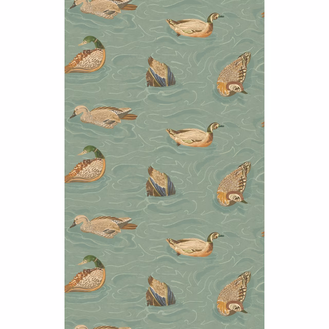 Muted teal wallpaper with repeated illustrated ducks, warm plumage, and pale water ripples