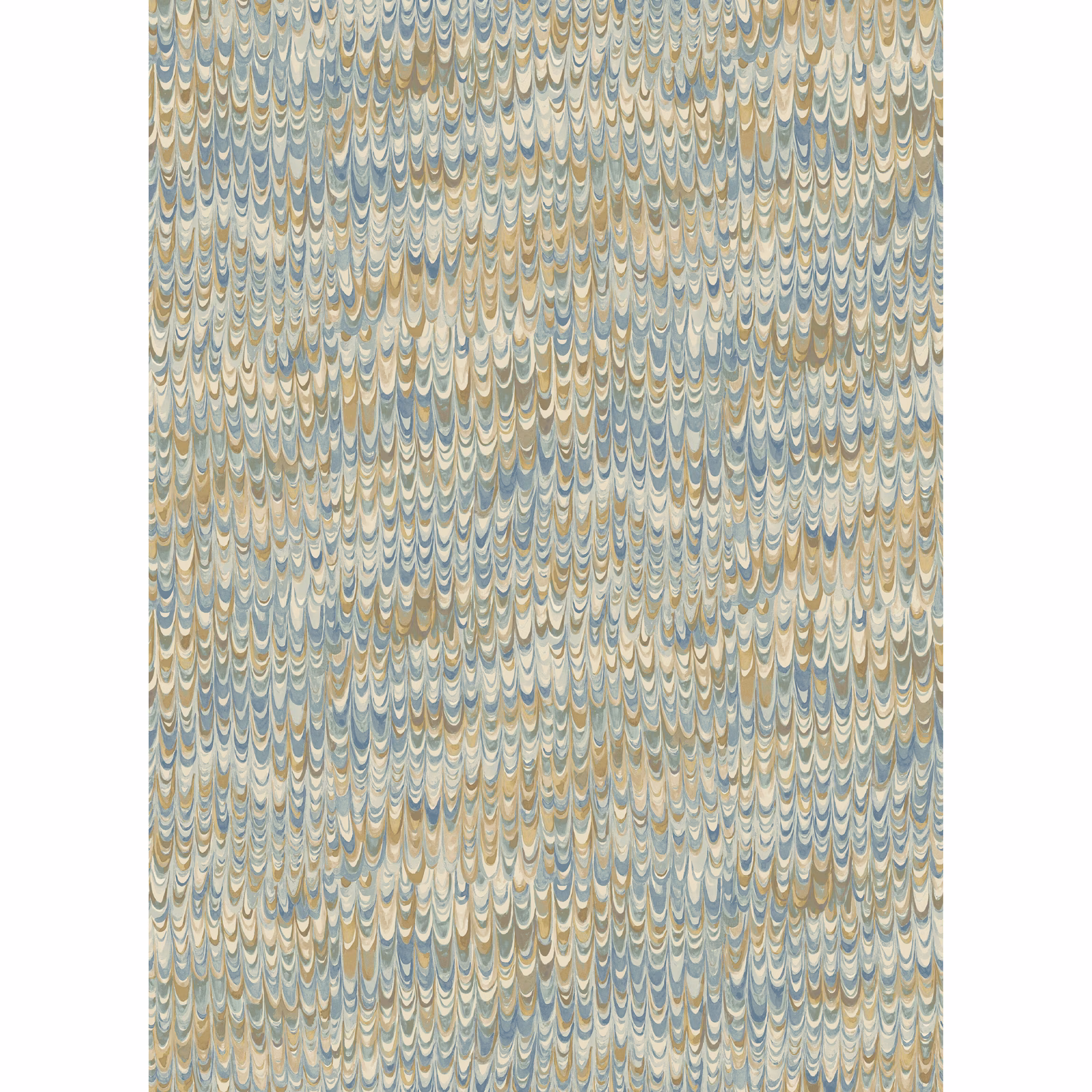 Close view of muted blue and sand scalloped feather-pattern wallpaper