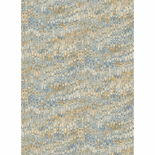 Close view of muted blue and sand scalloped feather-pattern wallpaper