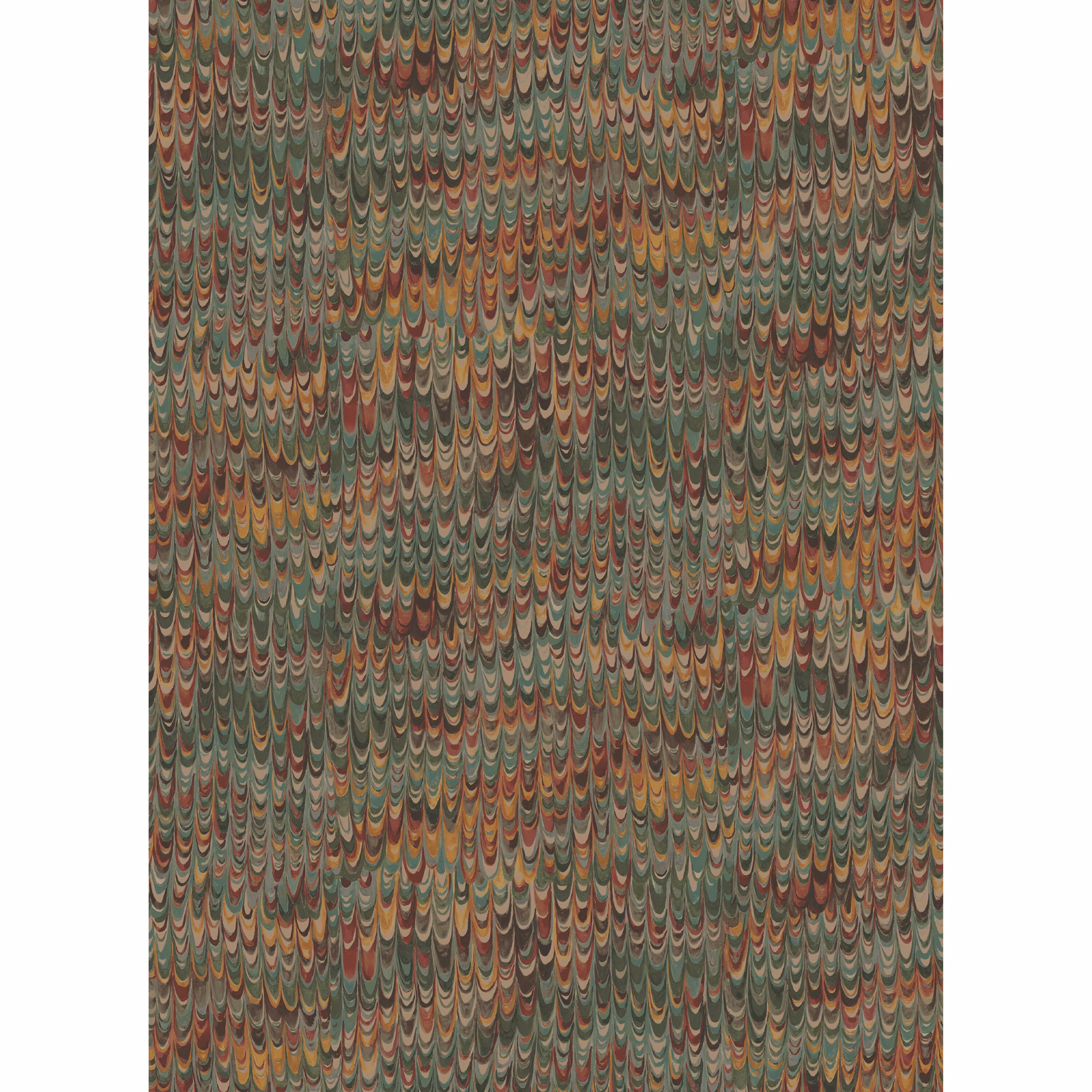 Dense muted red and green scalloped wallpaper pattern with ochre and cream accents