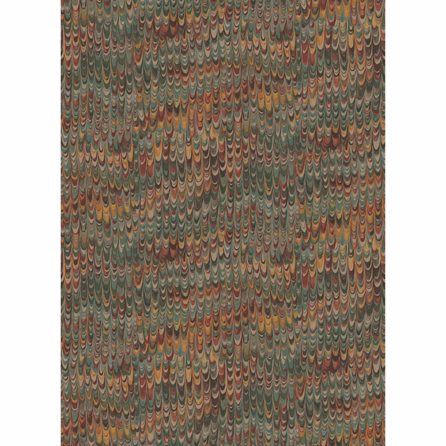 Dense muted red and green scalloped wallpaper pattern with ochre and cream accents