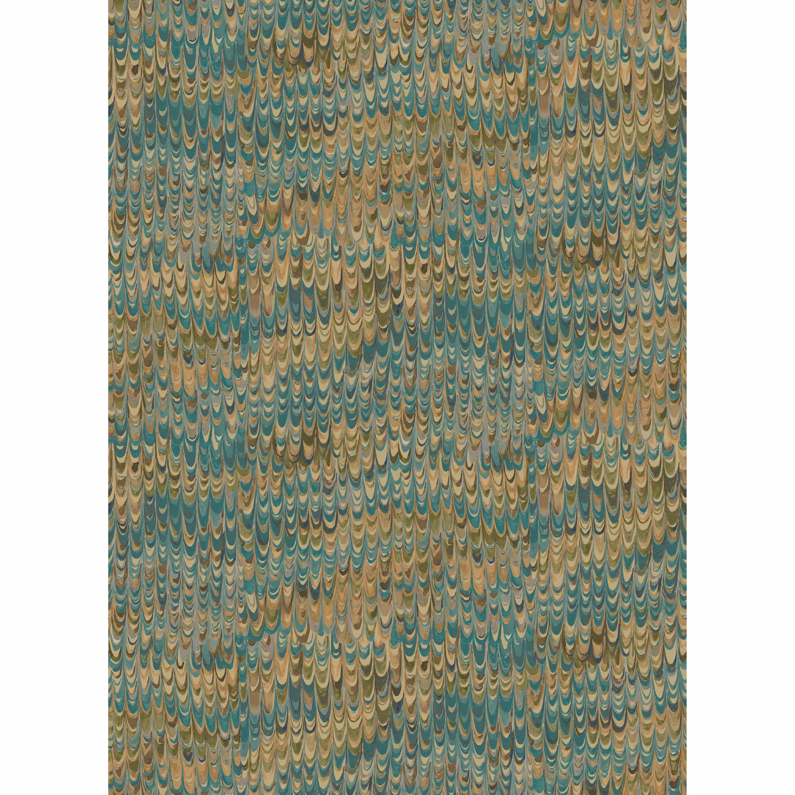 Muted teal wallpaper with dense ochre, cream and scalloped marbled rows