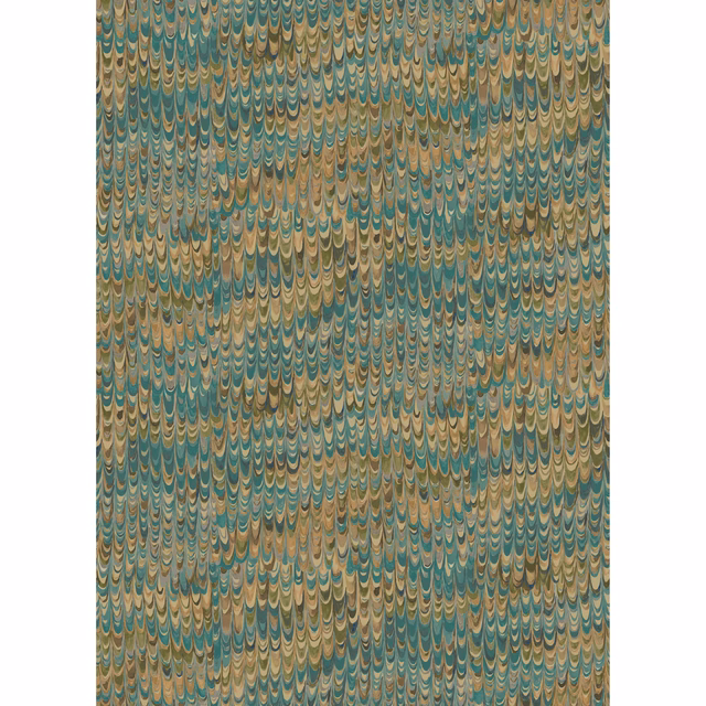 Muted teal wallpaper with dense ochre, cream and scalloped marbled rows