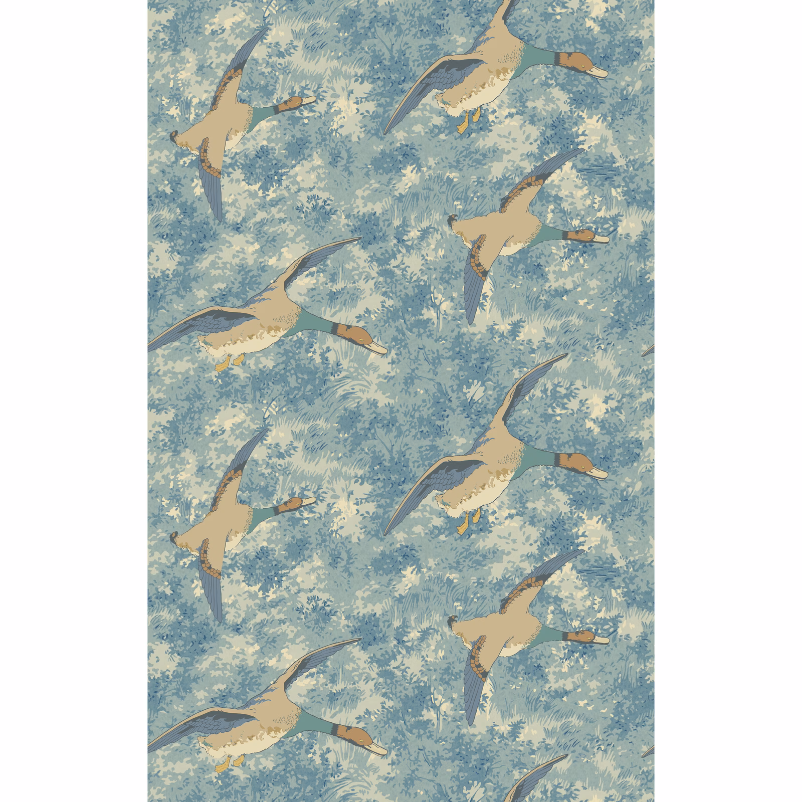Cool blue-green wallpaper with cream foliage and flying tan-and-grey ducks