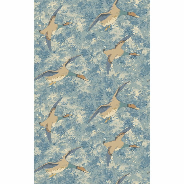 Cool blue-green wallpaper with cream foliage and flying tan-and-grey ducks