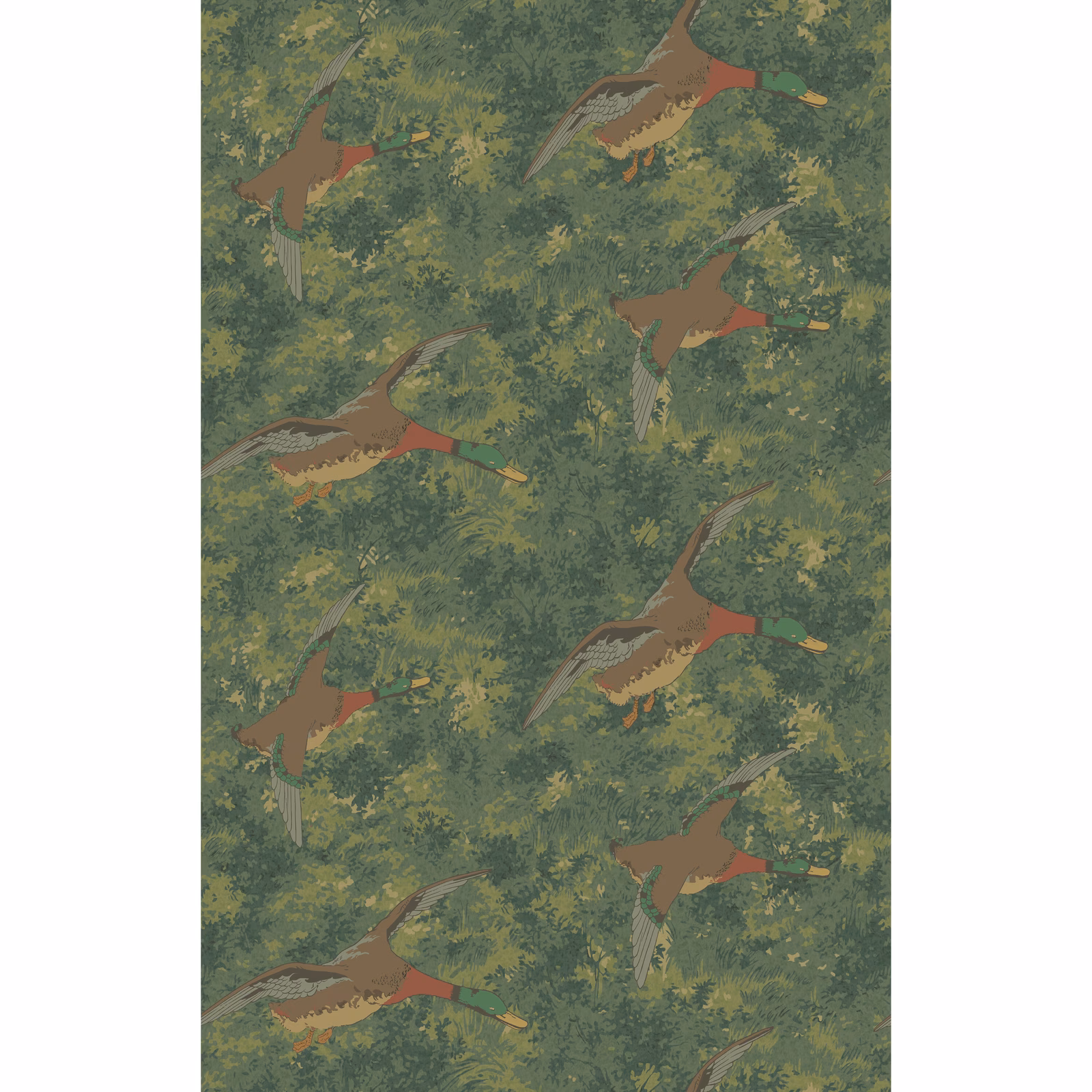 Deep emerald wallpaper with flying brown ducks among mottled yellow-green woodland foliage