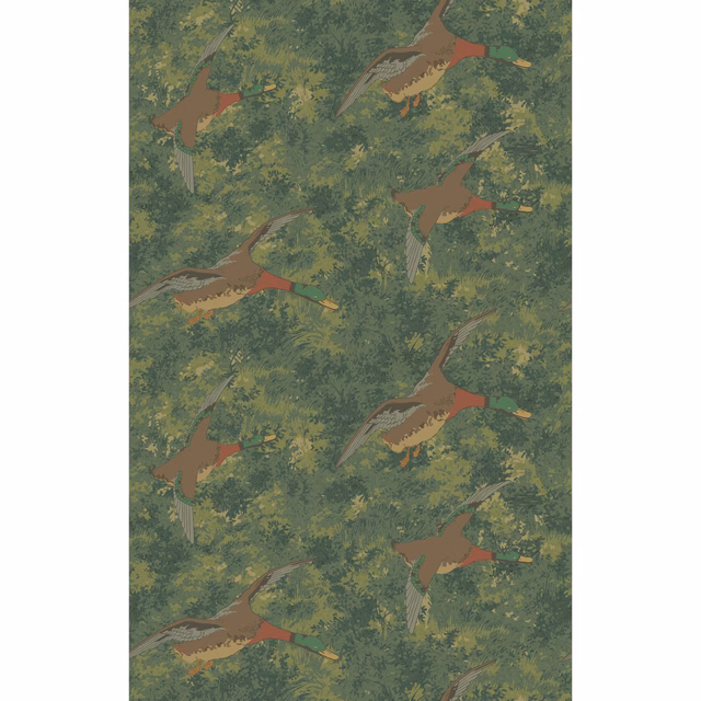 Deep emerald wallpaper with flying brown ducks among mottled yellow-green woodland foliage
