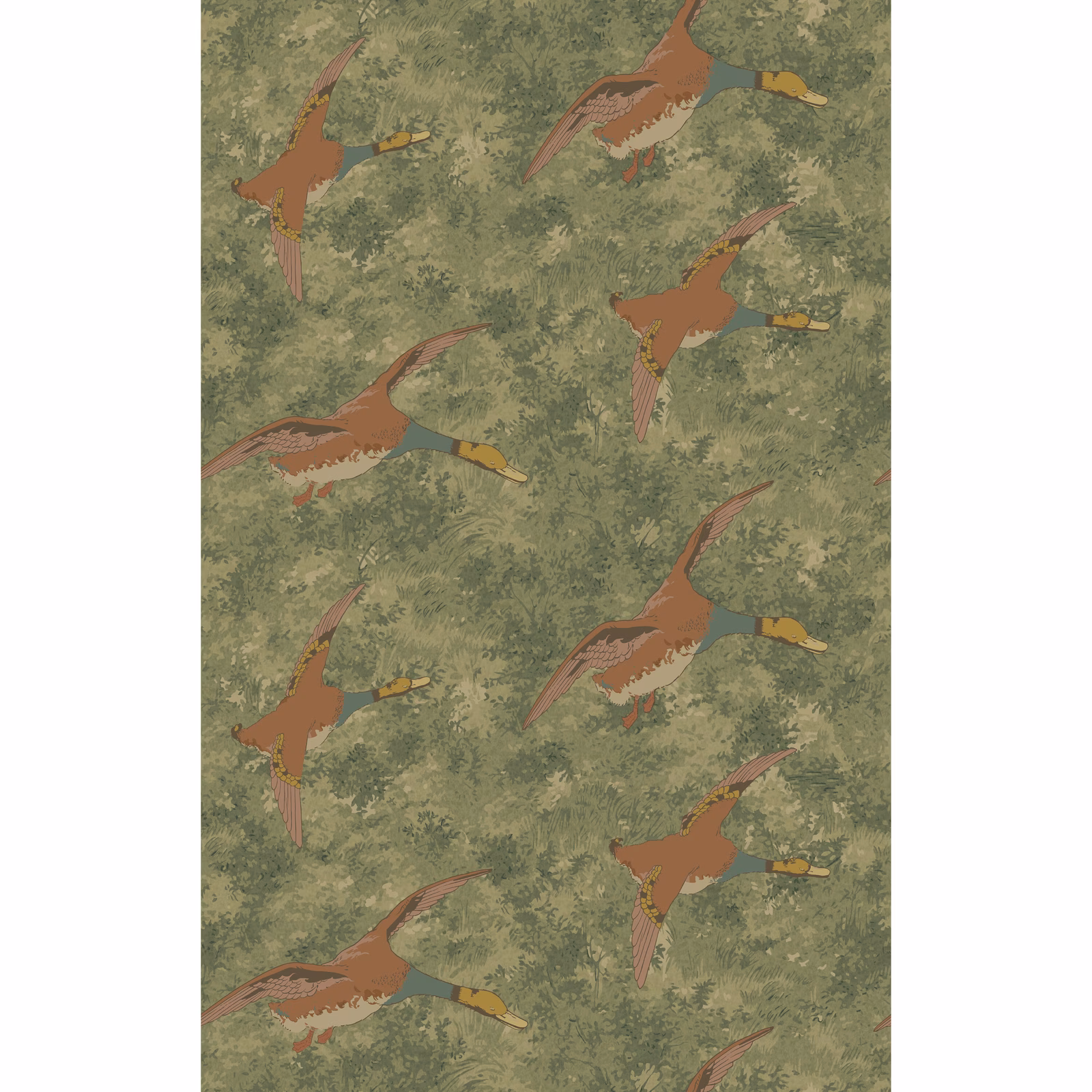 Muted olive wallpaper with rust and ochre flying ducks over a leafy ground