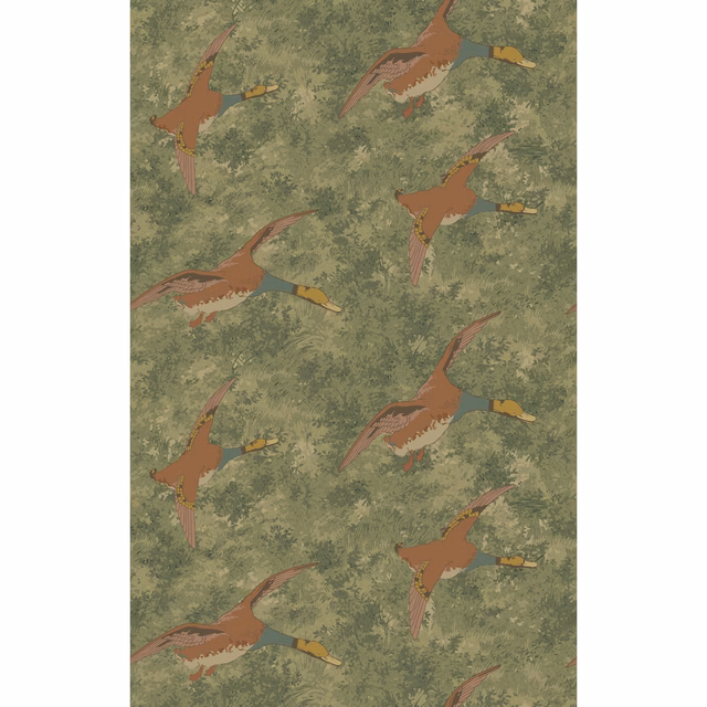 Muted olive wallpaper with rust and ochre flying ducks over a leafy ground