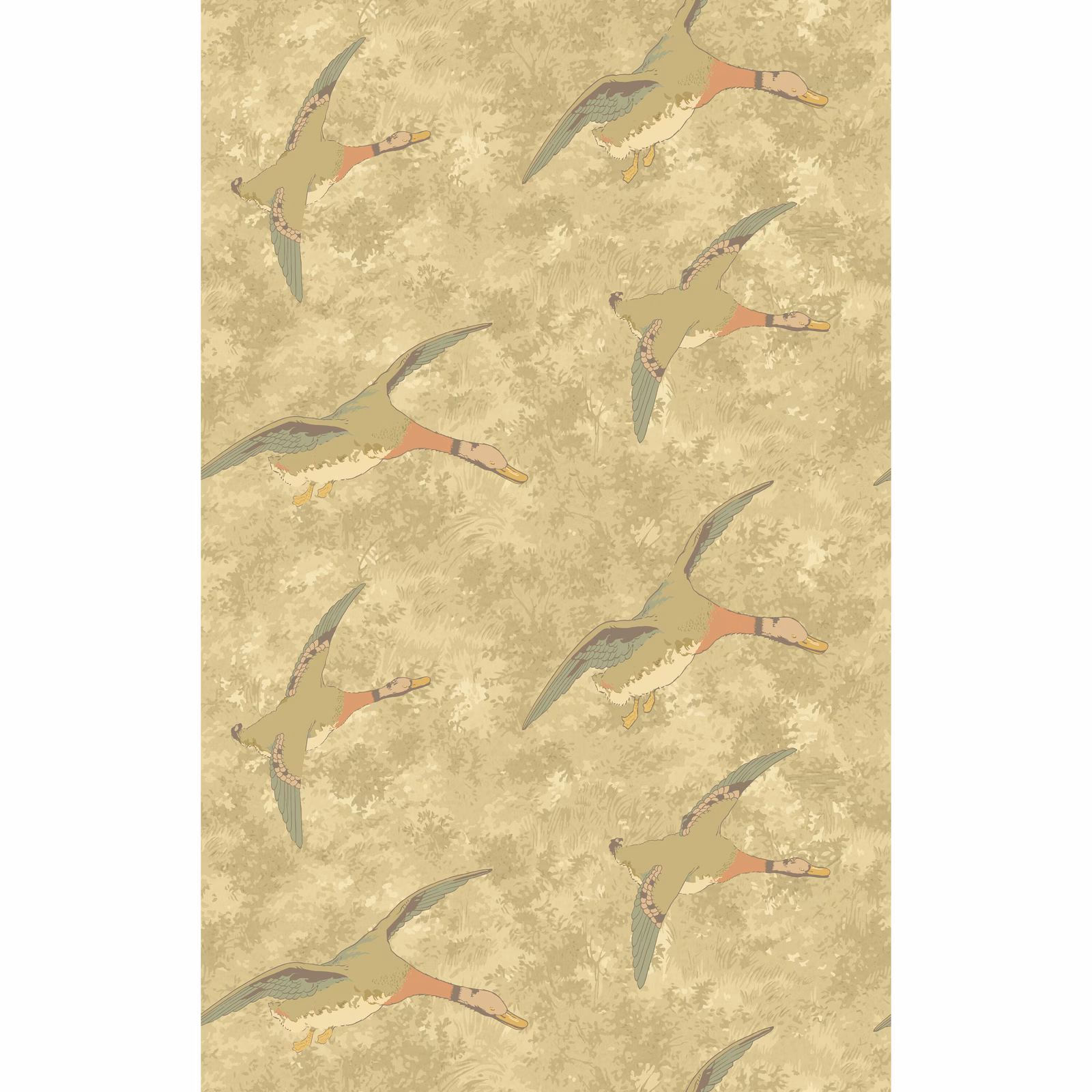 Flying ducks in muted sage and terracotta across a mottled parchment beige ground