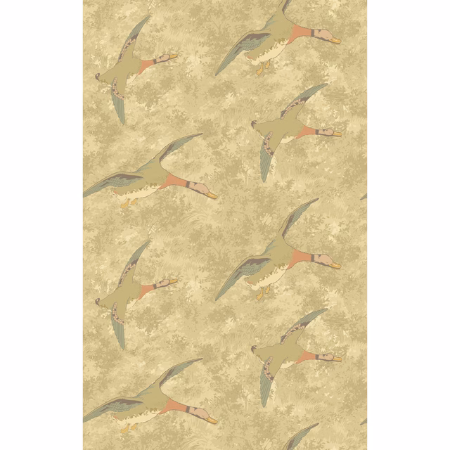 Flying ducks in muted sage and terracotta across a mottled parchment beige ground
