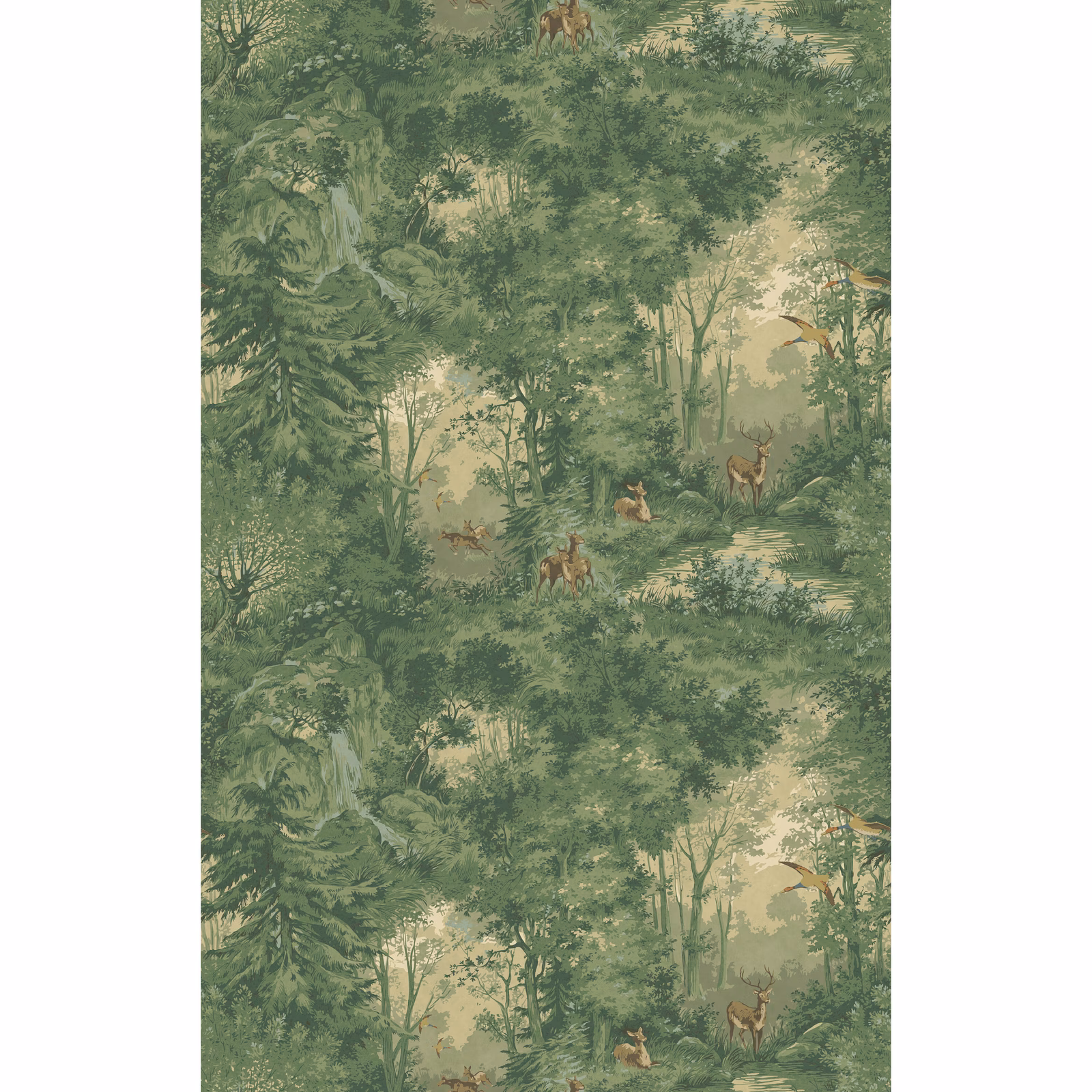 Muted sage woodland wallpaper with deer, tall trees and sandy beige clearings
