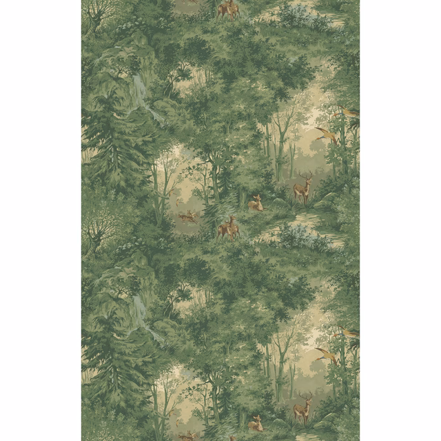 Muted sage woodland wallpaper with deer, tall trees and sandy beige clearings