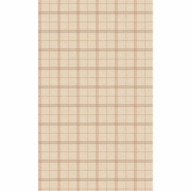 Pale antique-beige wallpaper with muted taupe and terracotta lines forming a fine plaid