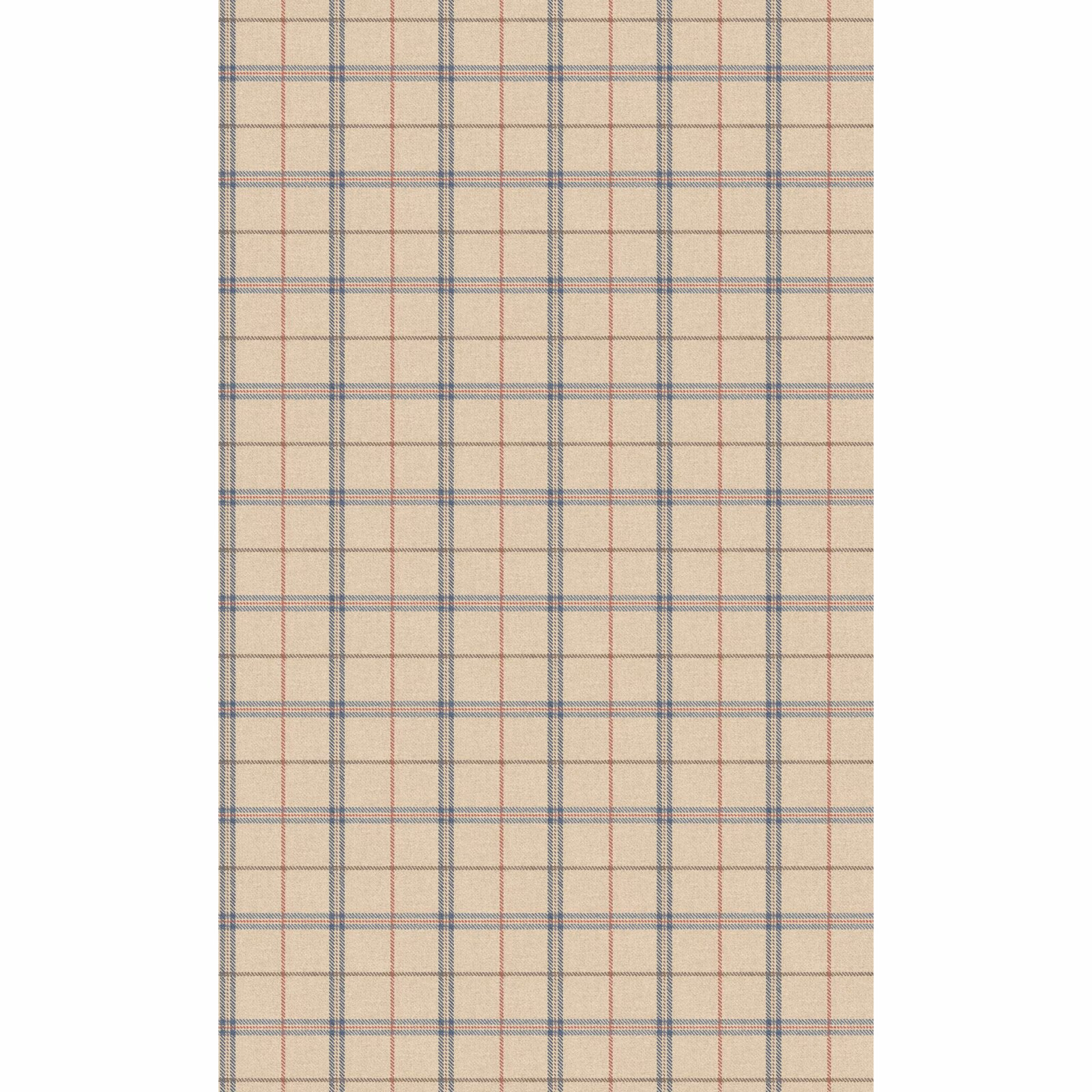 Beige wallpaper with blue-grey checks and fine red overcheck lines