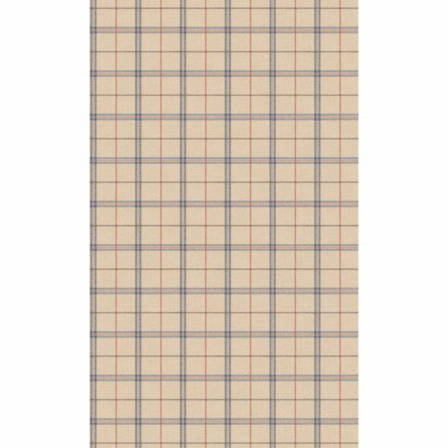 Beige wallpaper with blue-grey checks and fine red overcheck lines