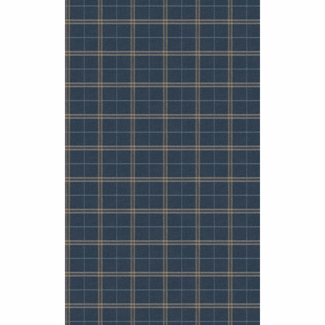 Deep indigo wallpaper with fine taupe and blue-grey windowpane checks