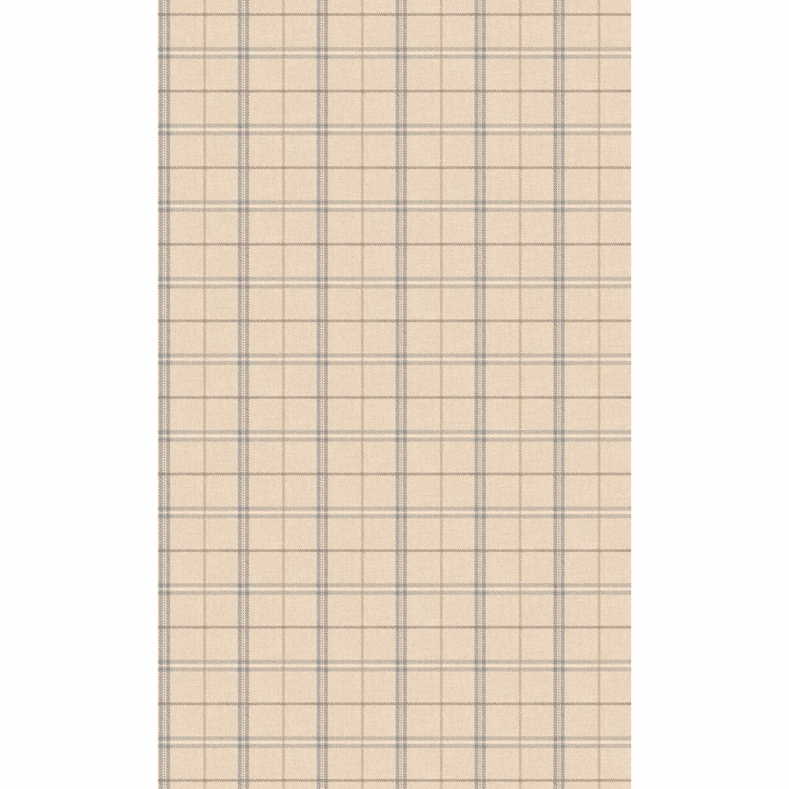 Pale beige wallpaper with cool blue-grey intersecting checks in a fine grid