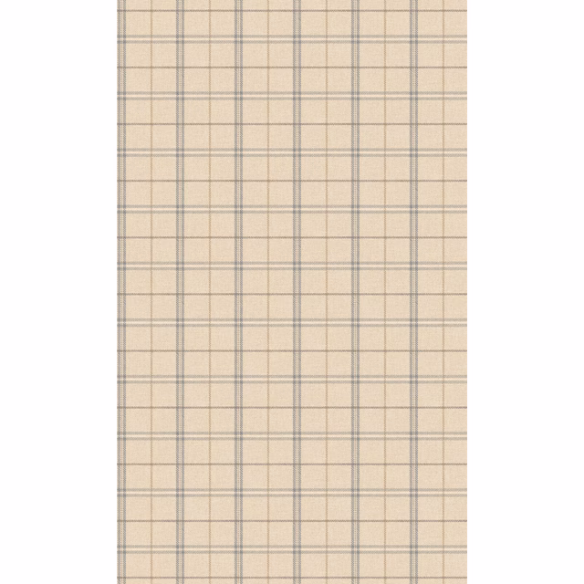 Pale beige wallpaper with cool blue-grey intersecting checks in a fine grid