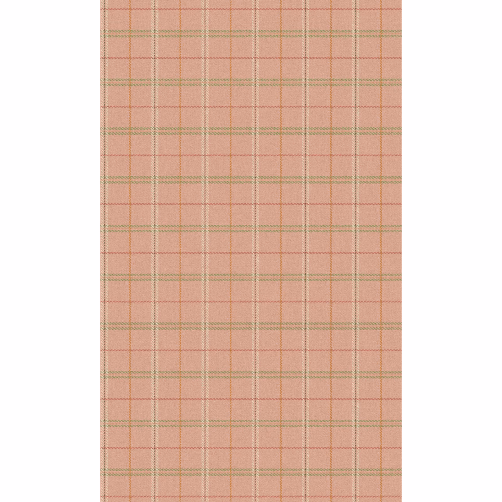Dusty tea-rose wallpaper with fine coral, sage green and cream plaid lines