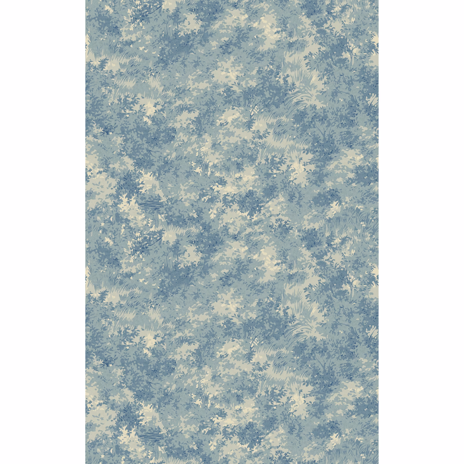 Dusty blue wallpaper with cream leafy botanicals in a softly mottled repeat