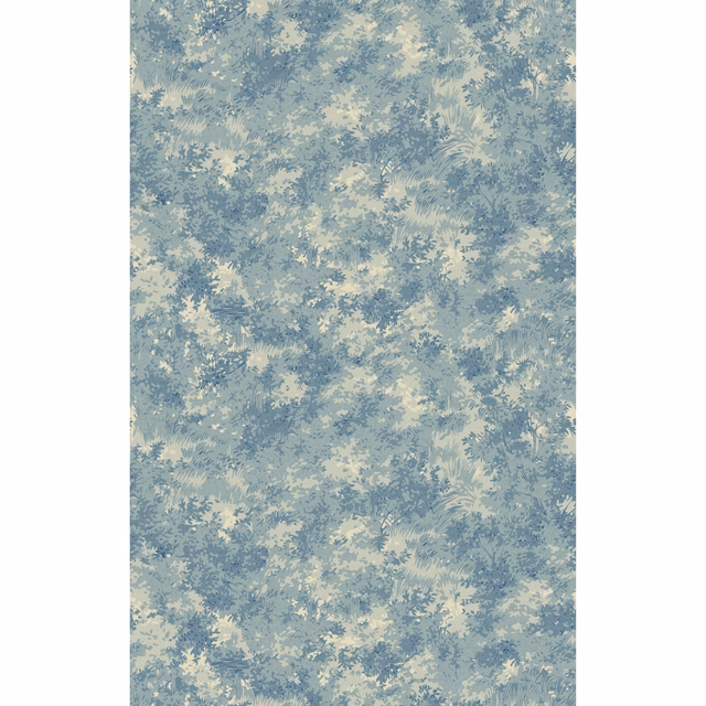 Dusty blue wallpaper with cream leafy botanicals in a softly mottled repeat
