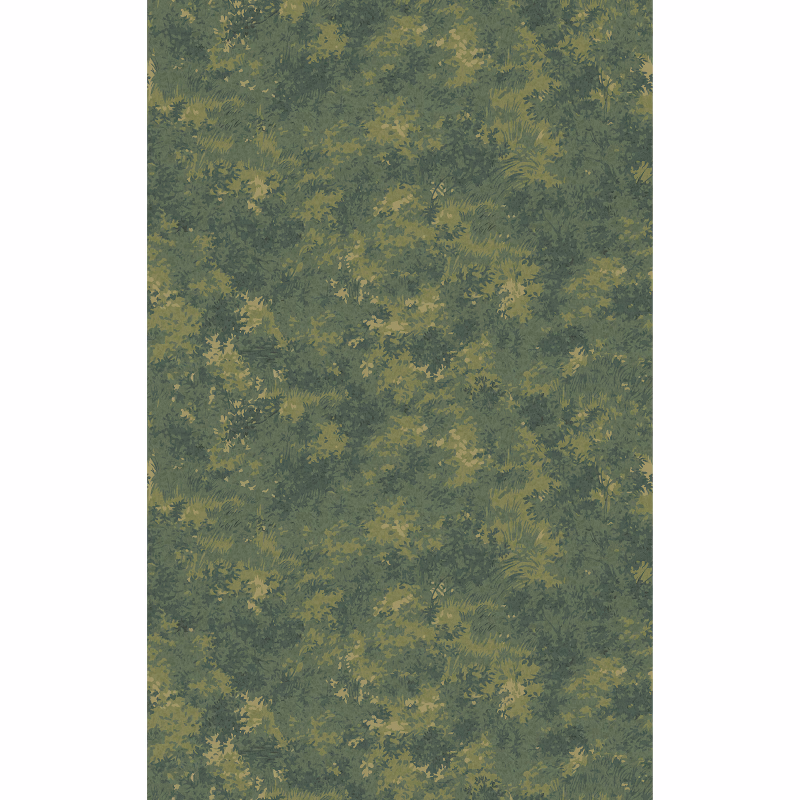 Muted emerald wallpaper with mottled olive-gold leafy marks across a woodland green ground