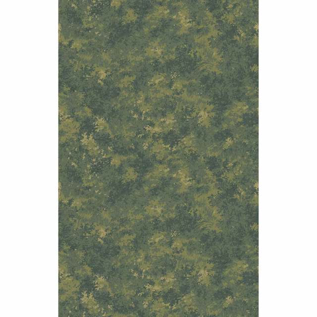Muted emerald wallpaper with mottled olive-gold leafy marks across a woodland green ground
