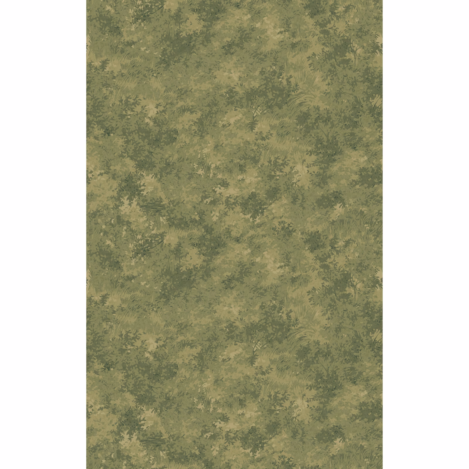 Muted olive wallpaper with mottled leafy marks and warm mossy highlights
