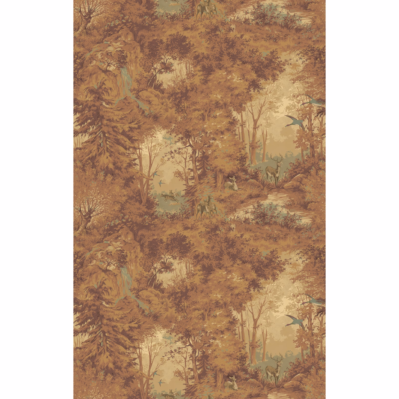 Russet and olive woodland landscape wallpaper with layered trees on a warm beige ground