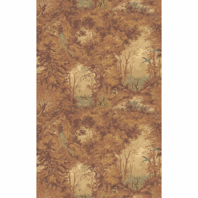 Russet and olive woodland landscape wallpaper with layered trees on a warm beige ground