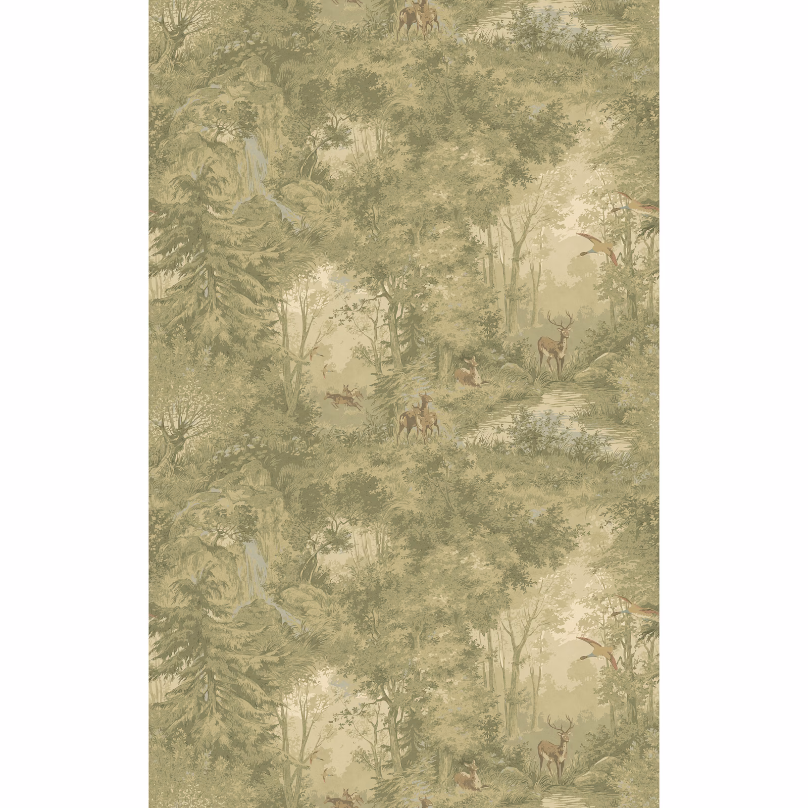 Misty olive woodland wallpaper with deer, layered trees and pale scenic depth