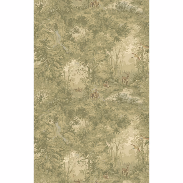 Misty olive woodland wallpaper with deer, layered trees and pale scenic depth