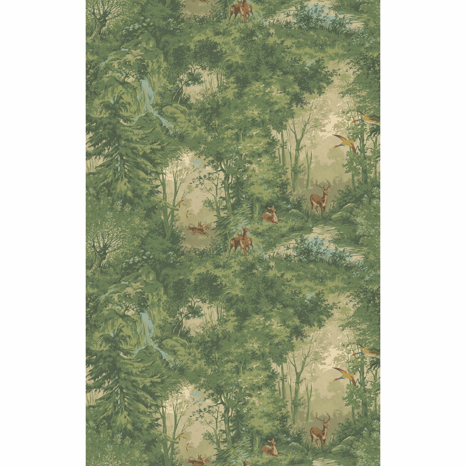Moss-green woodland wallpaper with deer, layered foliage and russet-brown details
