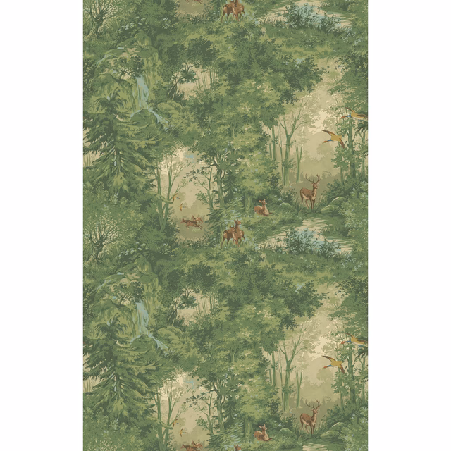 Moss-green woodland wallpaper with deer, layered foliage and russet-brown details