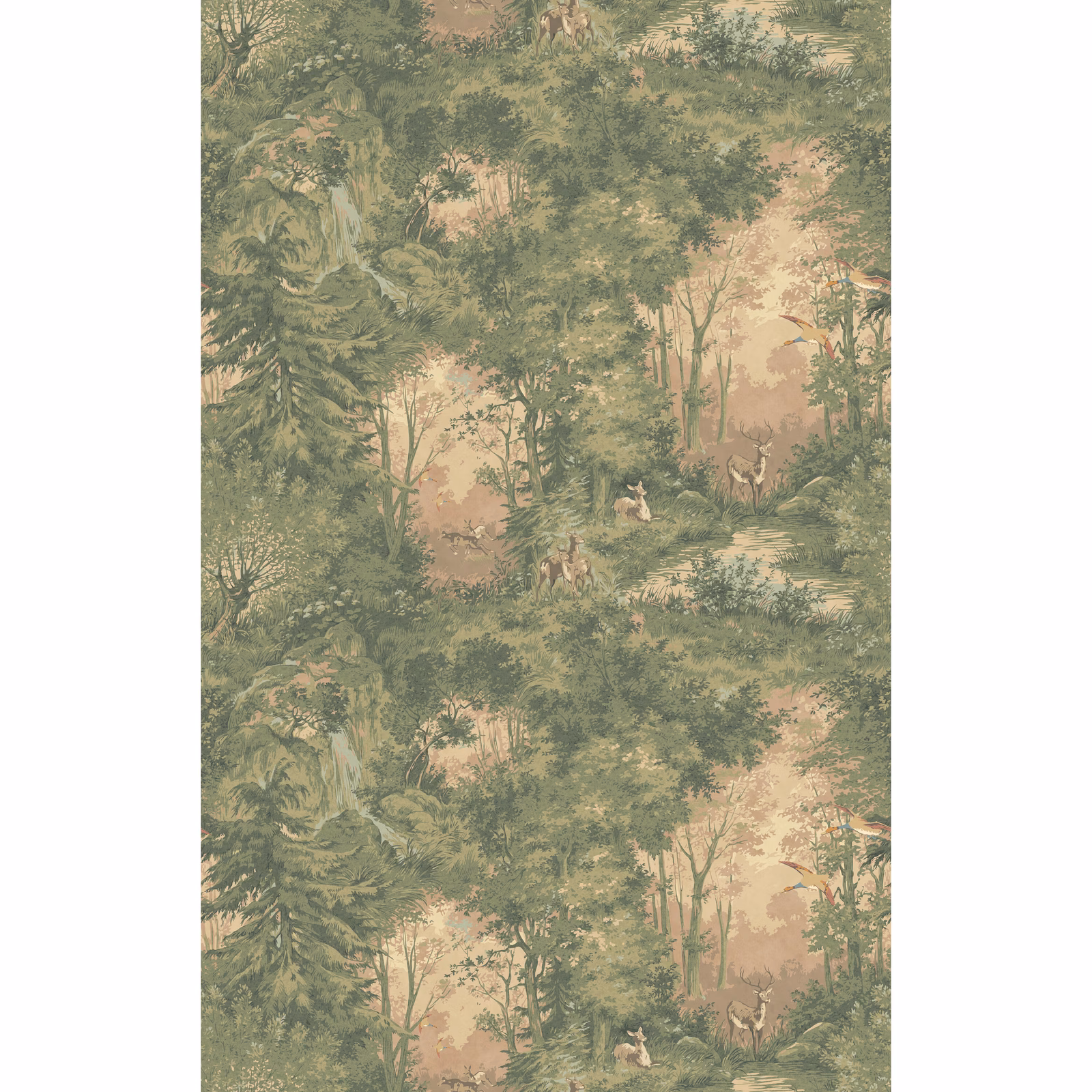 Muted sage woodland wallpaper with deer, dense trees and dusty blush clearings