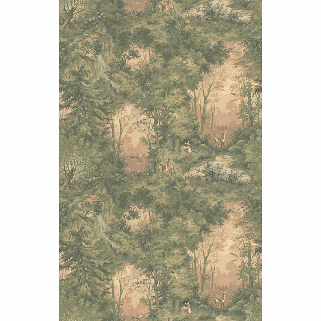 Muted sage woodland wallpaper with deer, dense trees and dusty blush clearings