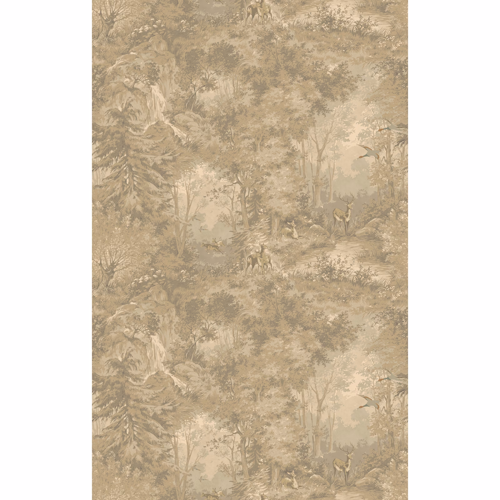 Muted taupe woodland wallpaper with misty trees, rocks, foliage and small deer figures